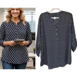 Basic Editions Size XXL Navy White Link Print Tunic Blouse Office Casual